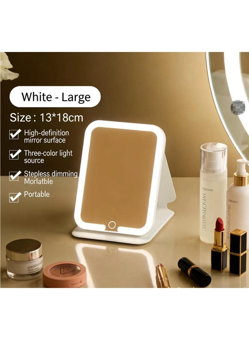 موردلي مرآة مكياج محمولة قابلة للطي مع إضاءة بثلاثة ألوان وخاصية التعتيم باللمس، مرآة مكياج يدوية ومكتبية للرجال والنساء والطلاب والسفر والاستخدام المنزلي (أبيض - كبير) - Image 2